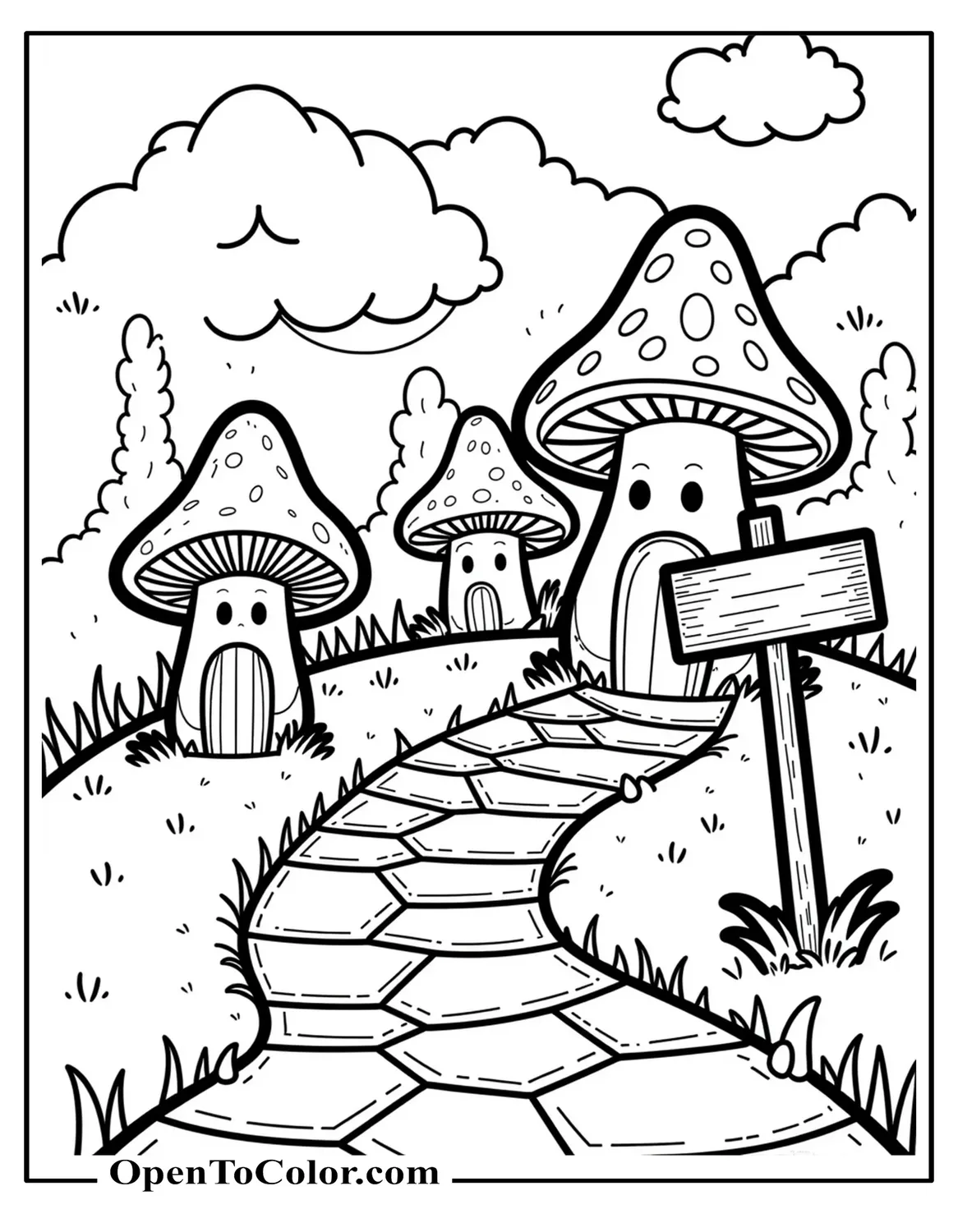 Mushroom village coloring sheet with three mushroom houses, stone path, and a wooden signpost, printable.