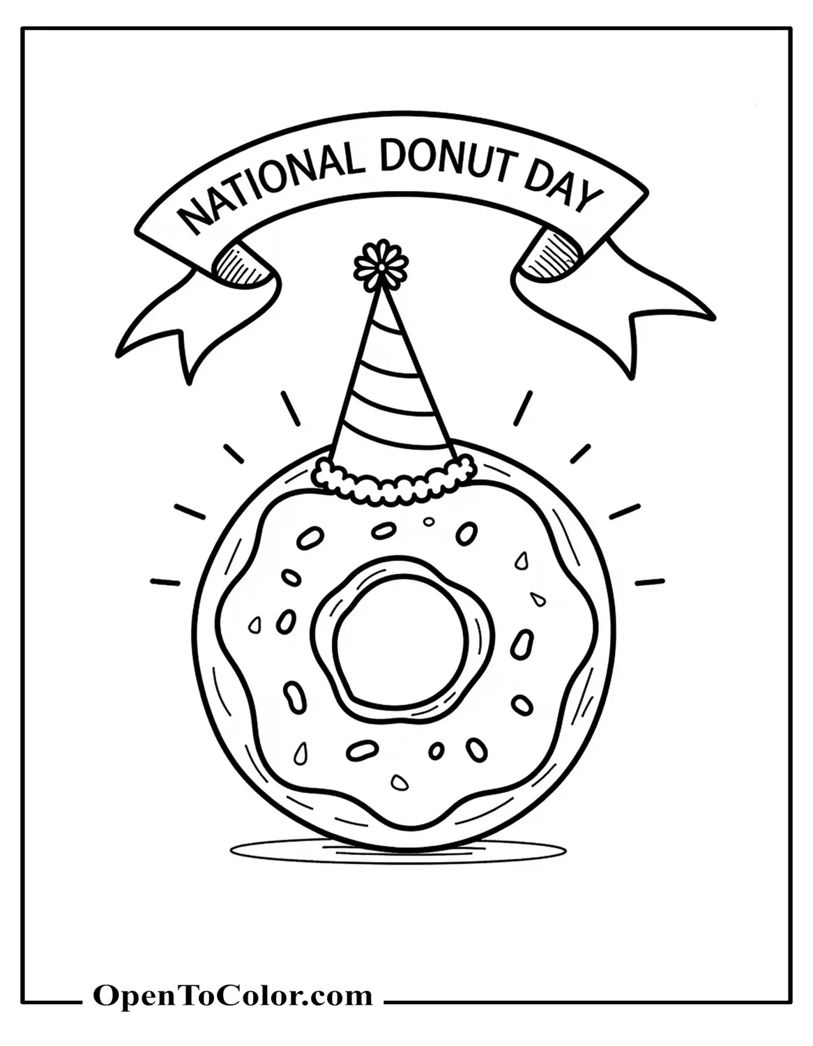 Free Coloring Sheet of a Donut Wearing a Party Hat Under a Banner Reading National Donut Day with Confetti Dots