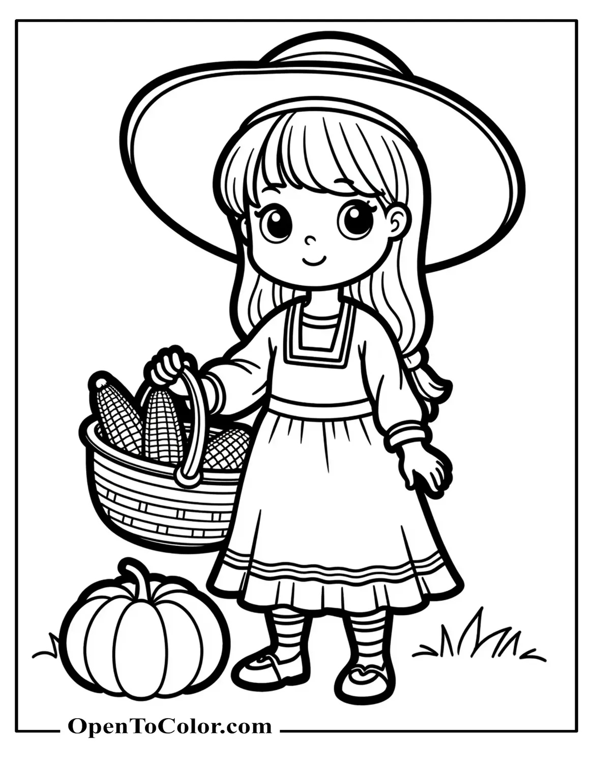 Free Coloring Page of a Child in Traditional Clothing Holding a Basket of Corn Next to a Pumpkin