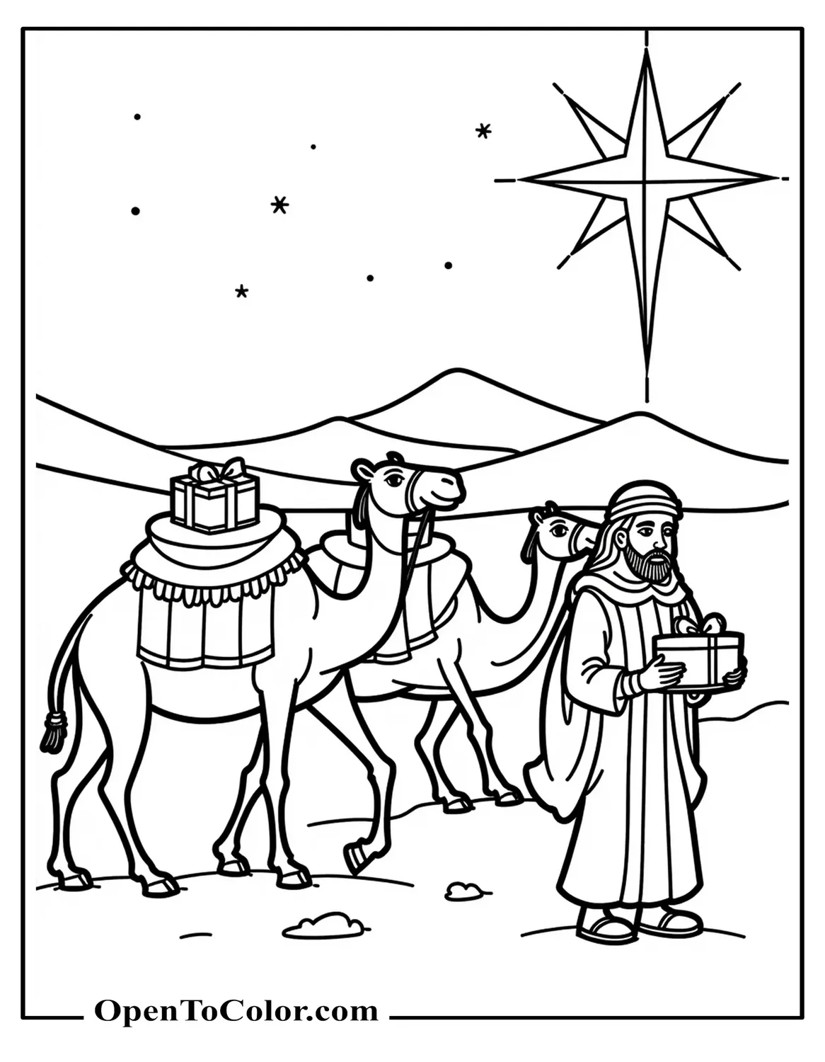 Nativity Scene Coloring Page PDF Camel Carrying Gift Chests Led By A Wise Man Under A Large Star
