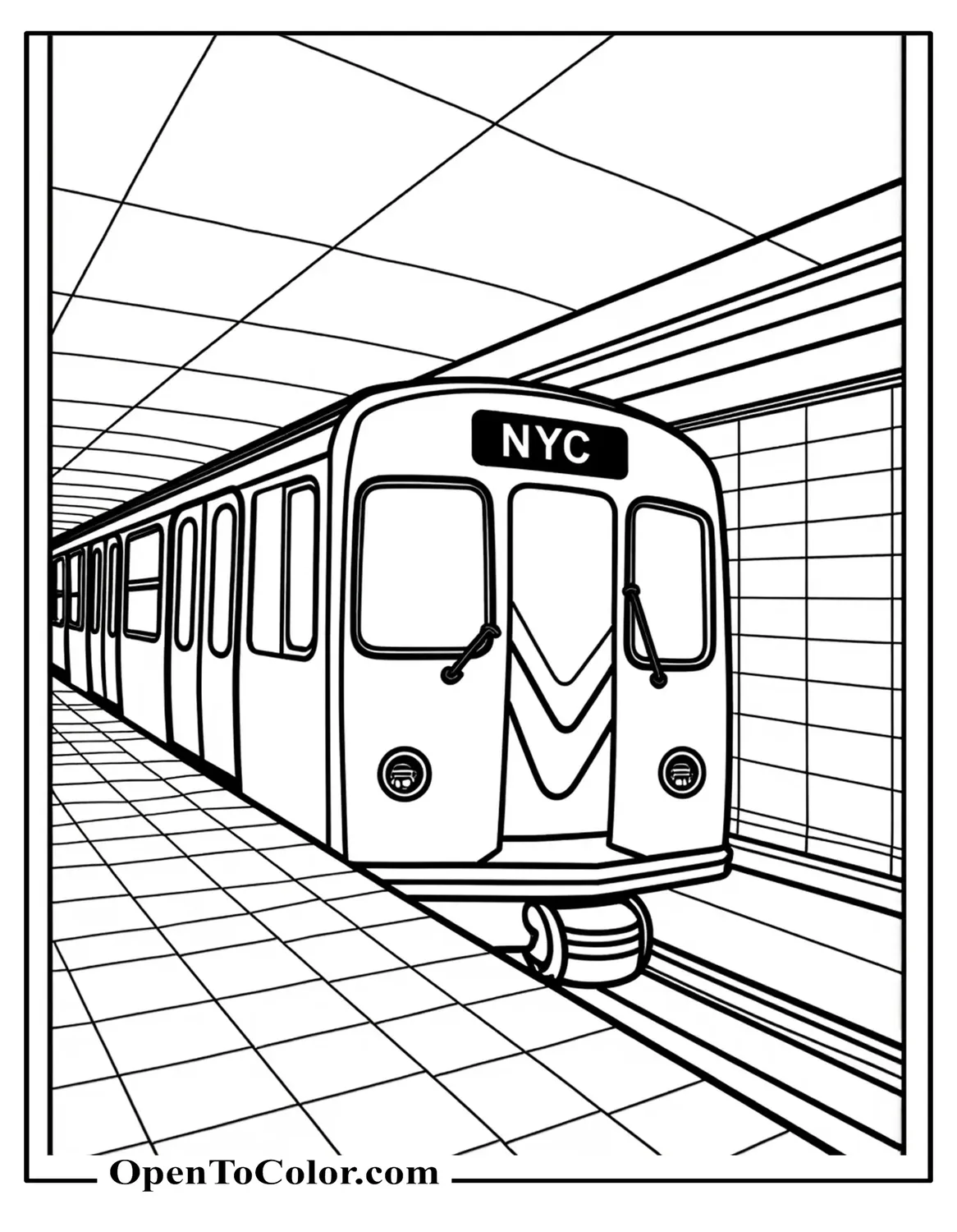 Free Coloring Page of Front Car with Route Sign and Tiled Platform Wall That Says NYC Subway