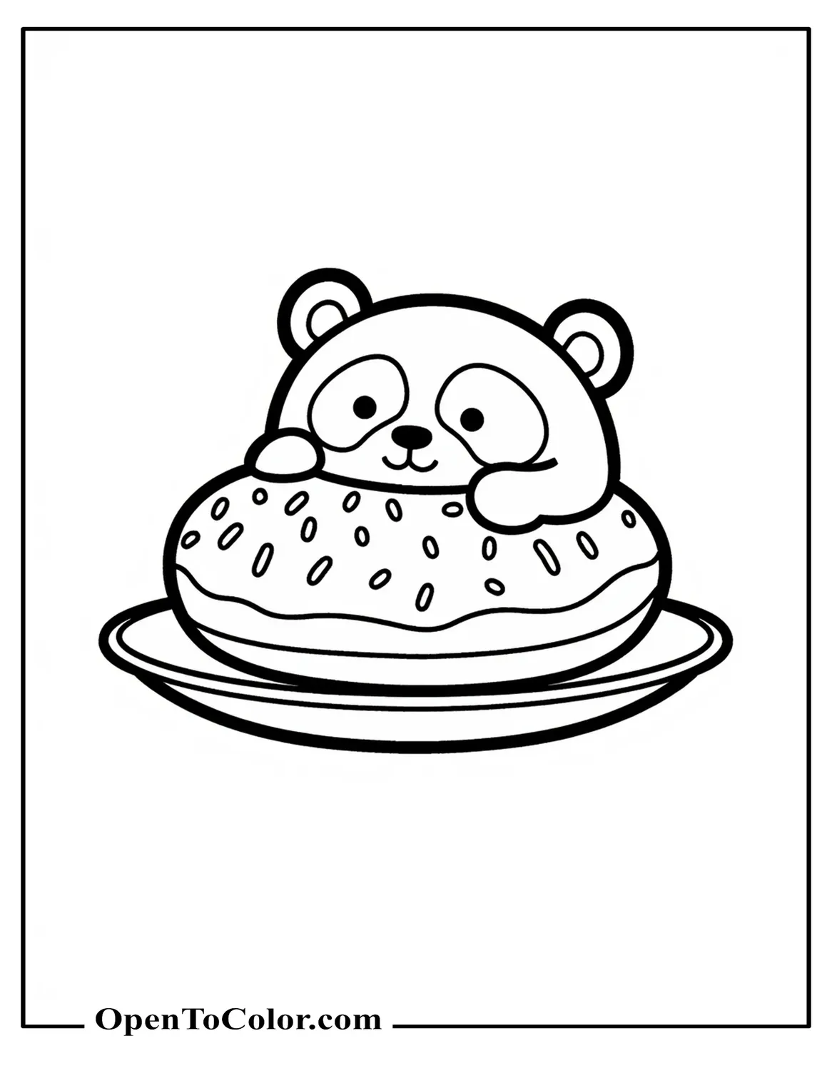 Printable Coloring Page of Donut with Panda Face and Small Round Ears Resting on a Dish