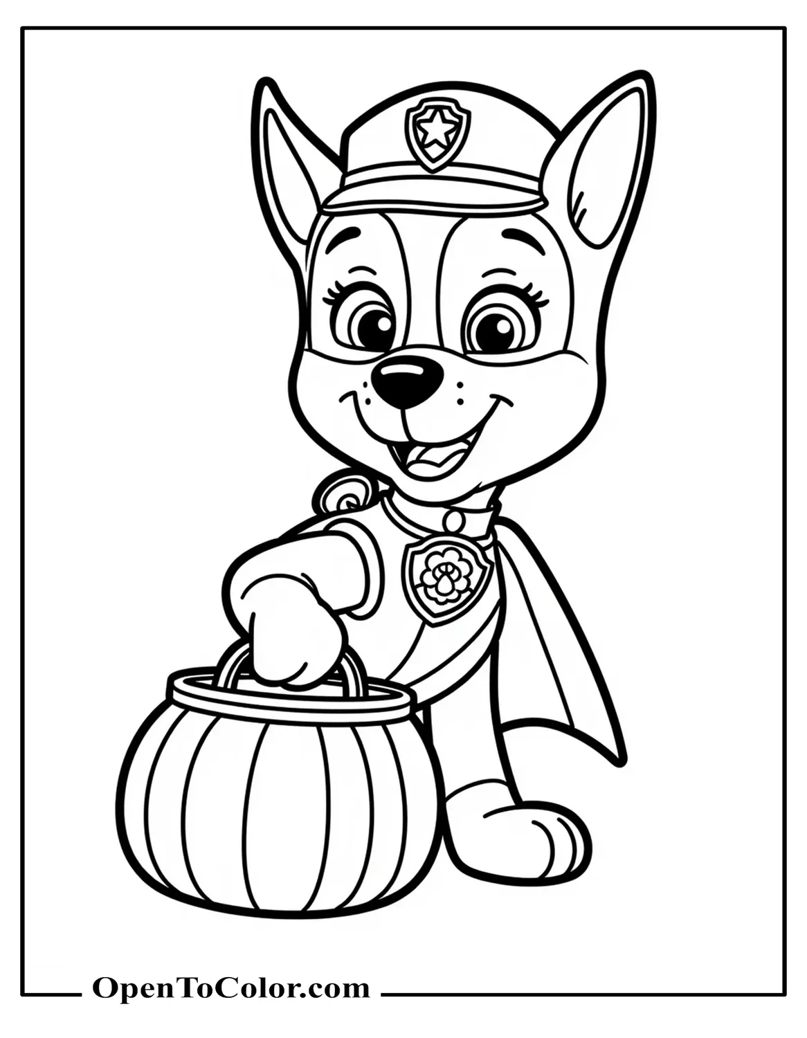 Chase the Police Pup Coloring Page PDF Wearing a Hat and Cape Holding a Candy Basket
