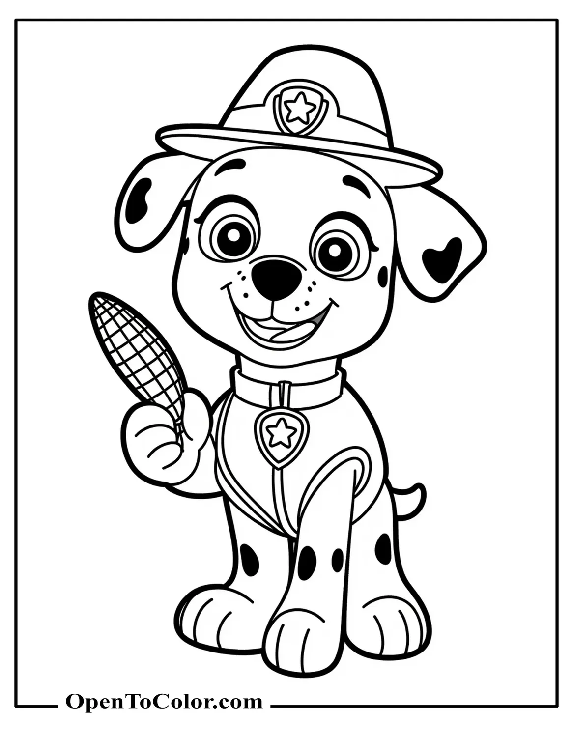 Chase From Paw Patrol Wearing A Pilgrim Hat Holding A Tiny Corn Free Coloring Sheet