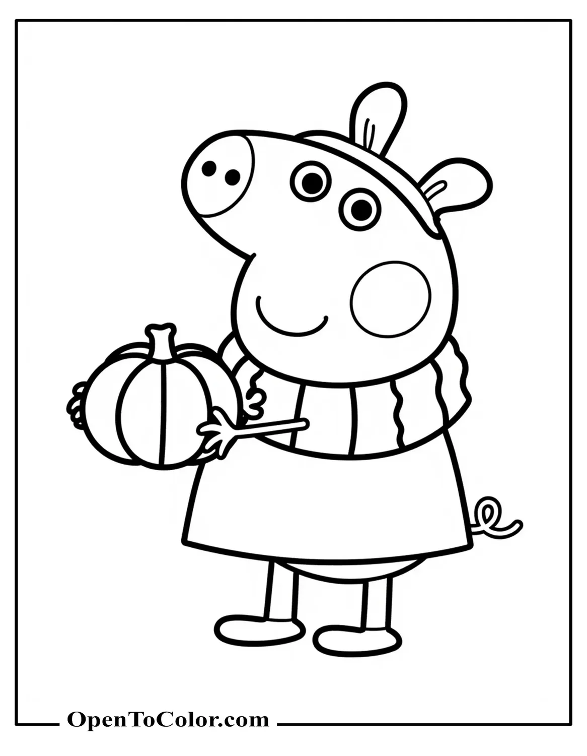 Peppa Pig Wearing A Scarf Holding A Small Pumpkin Coloring Page PDF