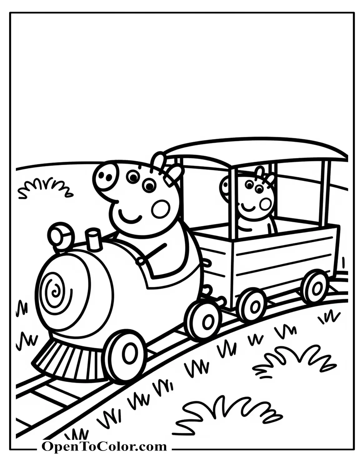 Peppa Pig driving a small open carriage train with a whistle and simple countryside coloring page PDF.