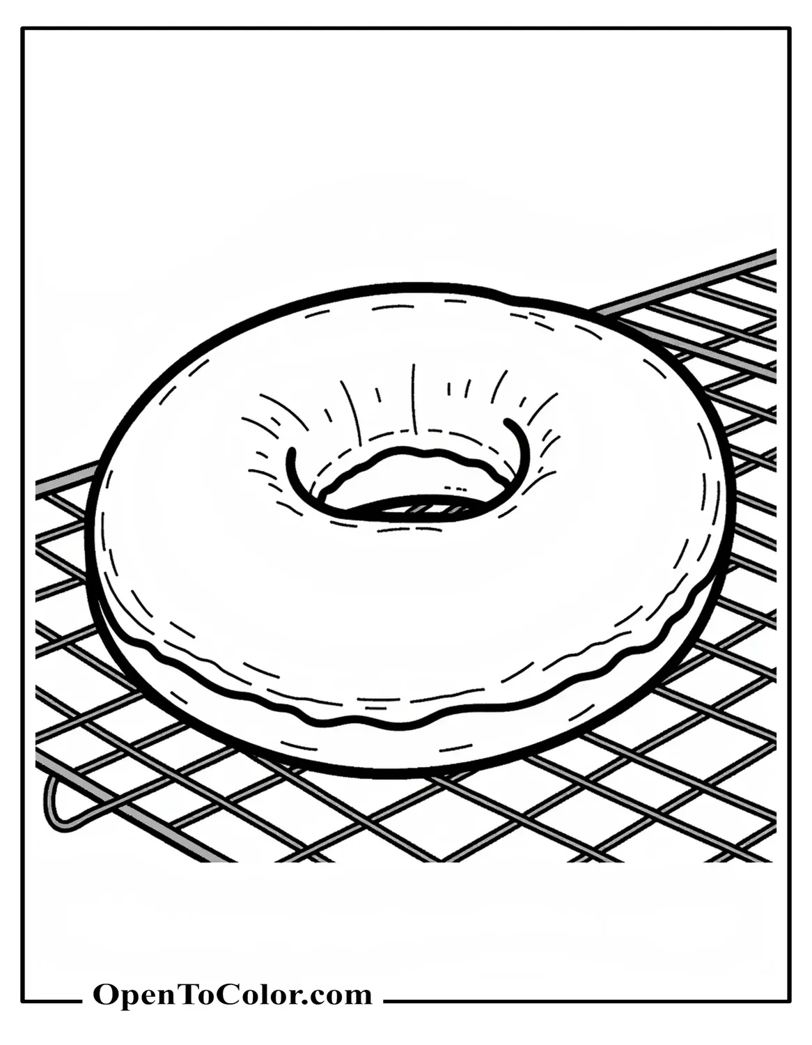 Plain unglazed ring donut cooling on a wire rack realistic bake texture coloring sheet printable