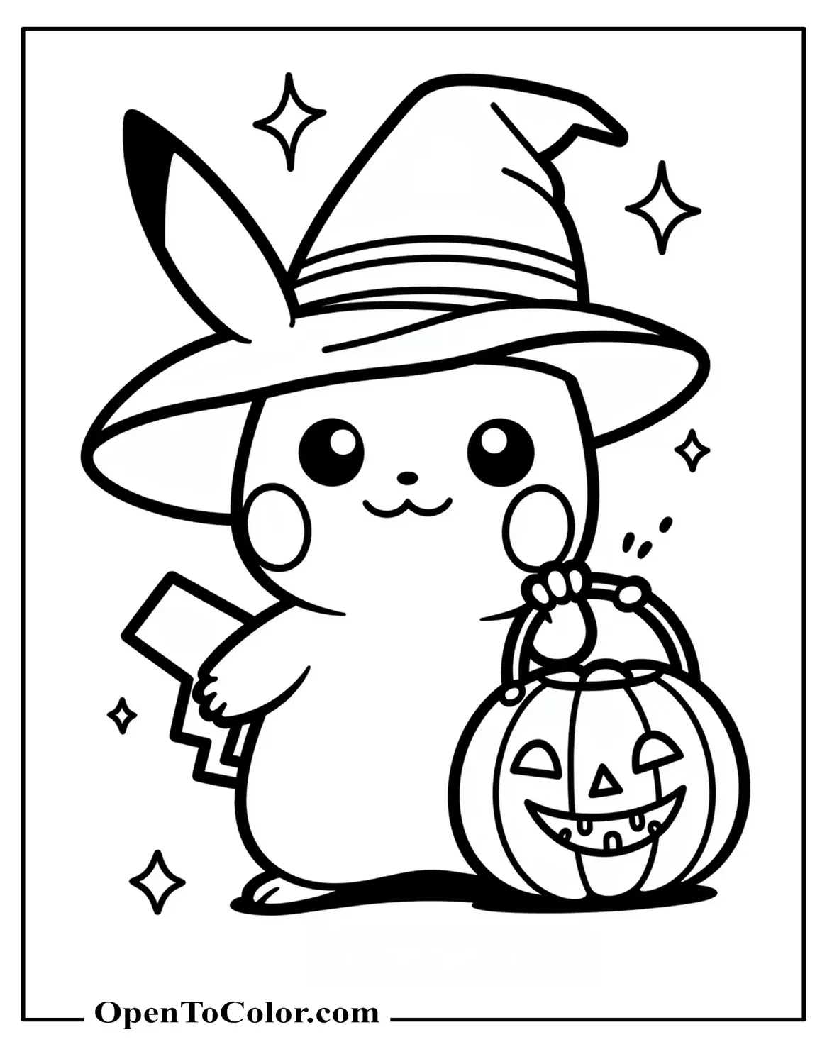 Free Coloring Page: Pikachu in a Witch Hat Holding a Pumpkin Trick-Or-Treat Bucket, Tiny Stars