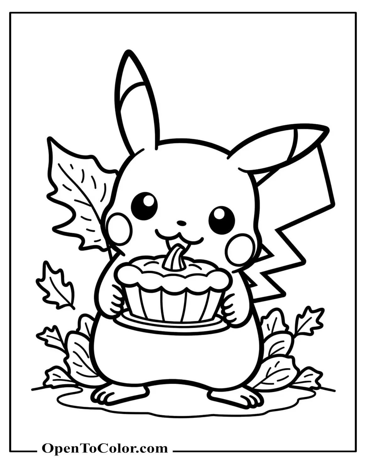 Free Coloring Page of Pikachu Holding a Pumpkin Pie with Autumn Leaves Behind