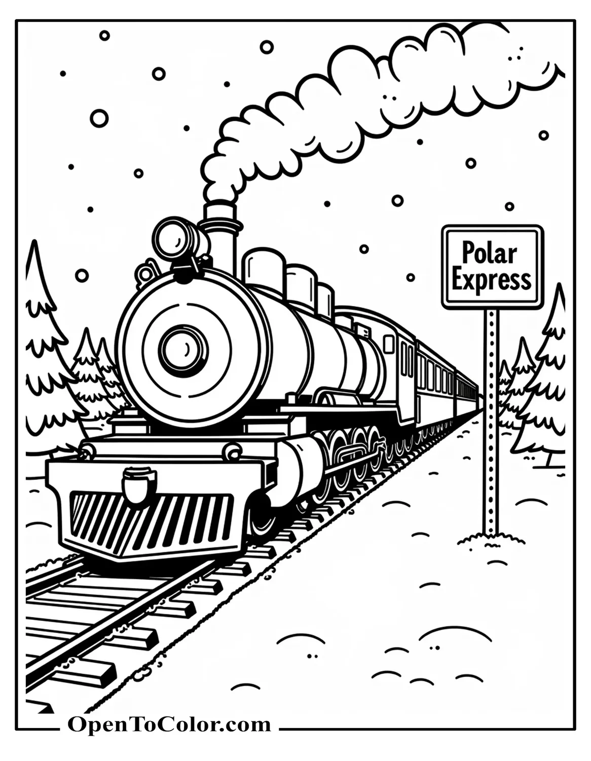 Printable Coloring Page of Steam Train in a Snowy Night Scene with a Big Bell on the Front and a Station Sign that Says Polar Express