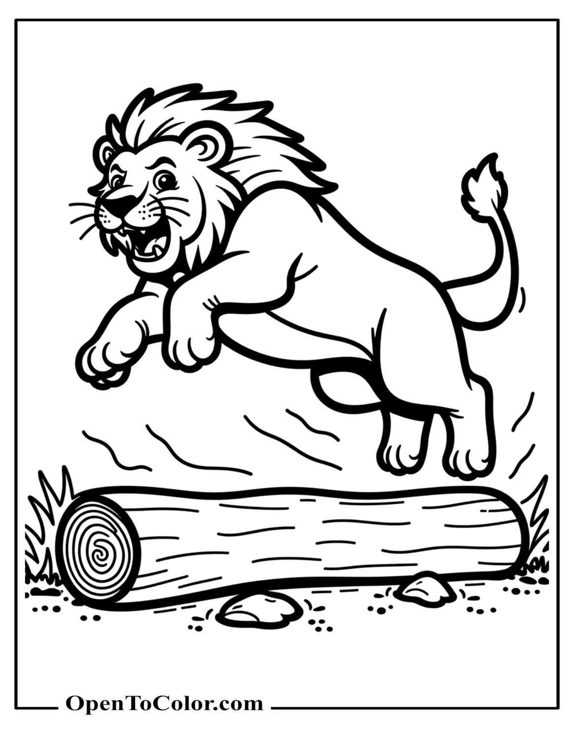 Pouncing Lion Mid-Air Over A Fallen Log Ground Dust Lines Coloring Page Printable