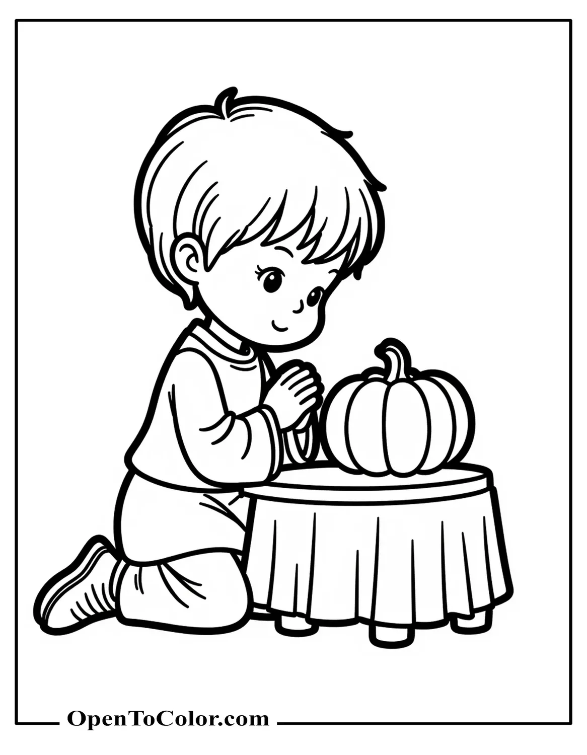Coloring Page PDF of Precious Moments Style Child Praying at a Small Table with a Pumpkin