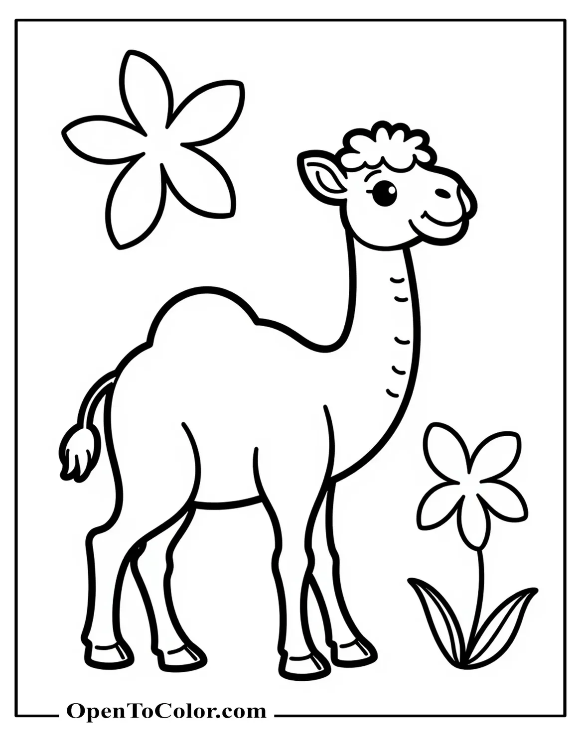 Free Preschool Camel Coloring Page Made of Simple Shapes, Standing Beside One Big Flower