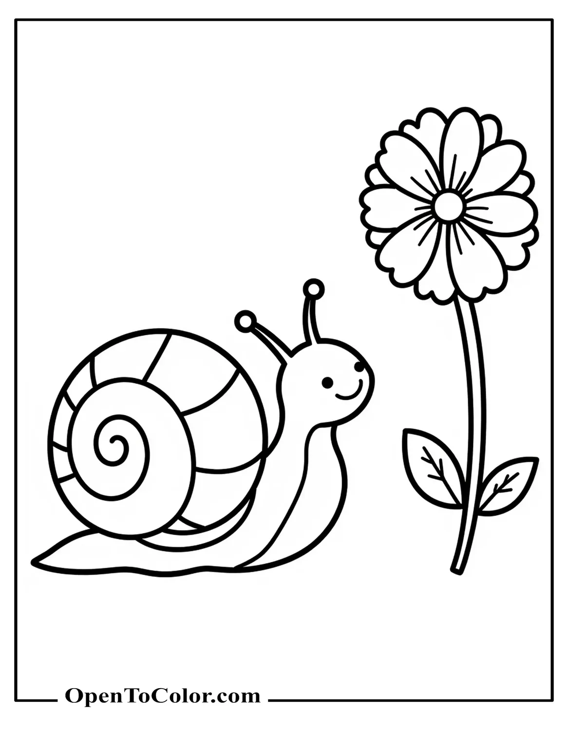 Snail with big round shell smiling next to one flower coloring sheet for preschool PDF