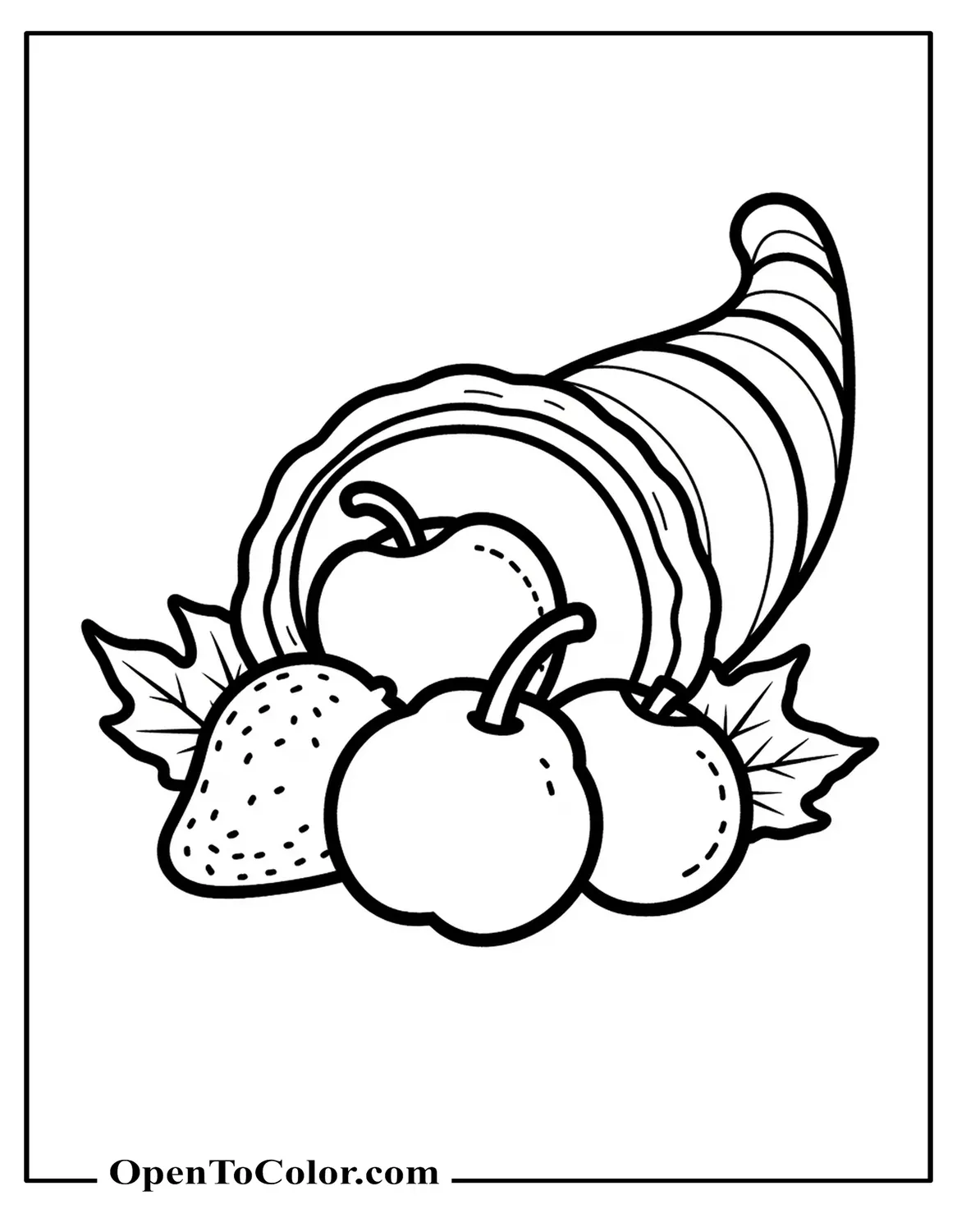 Preschool cornucopia coloring sheet with big fruits and leaves, PDF.