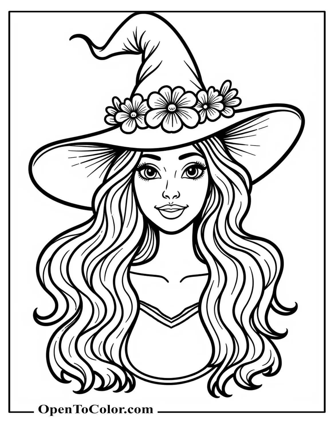 Pretty Witch Smiling Softly, Coloring Sheet, Printable, Flower Crown on Hat, Gentle Swirl Frame