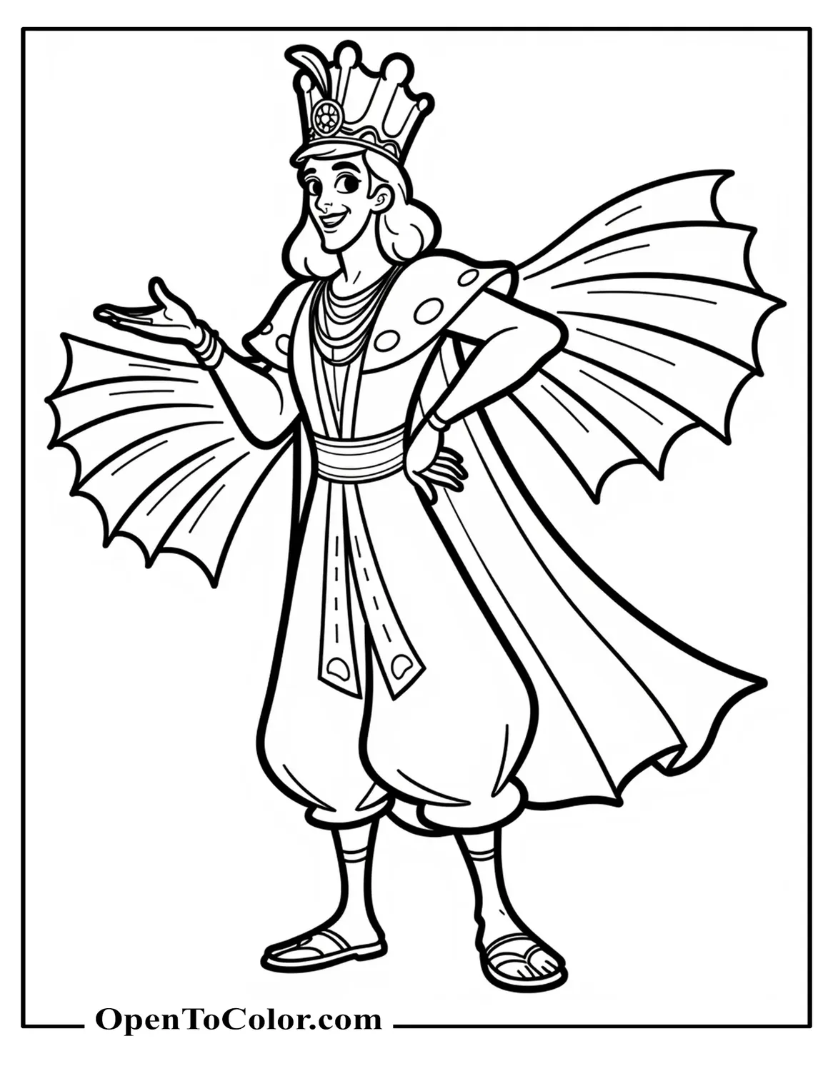 Free Coloring Page of Prince Ali Outfit Aladdin with Feathered Hat and Cape, Parade Banners Behind
