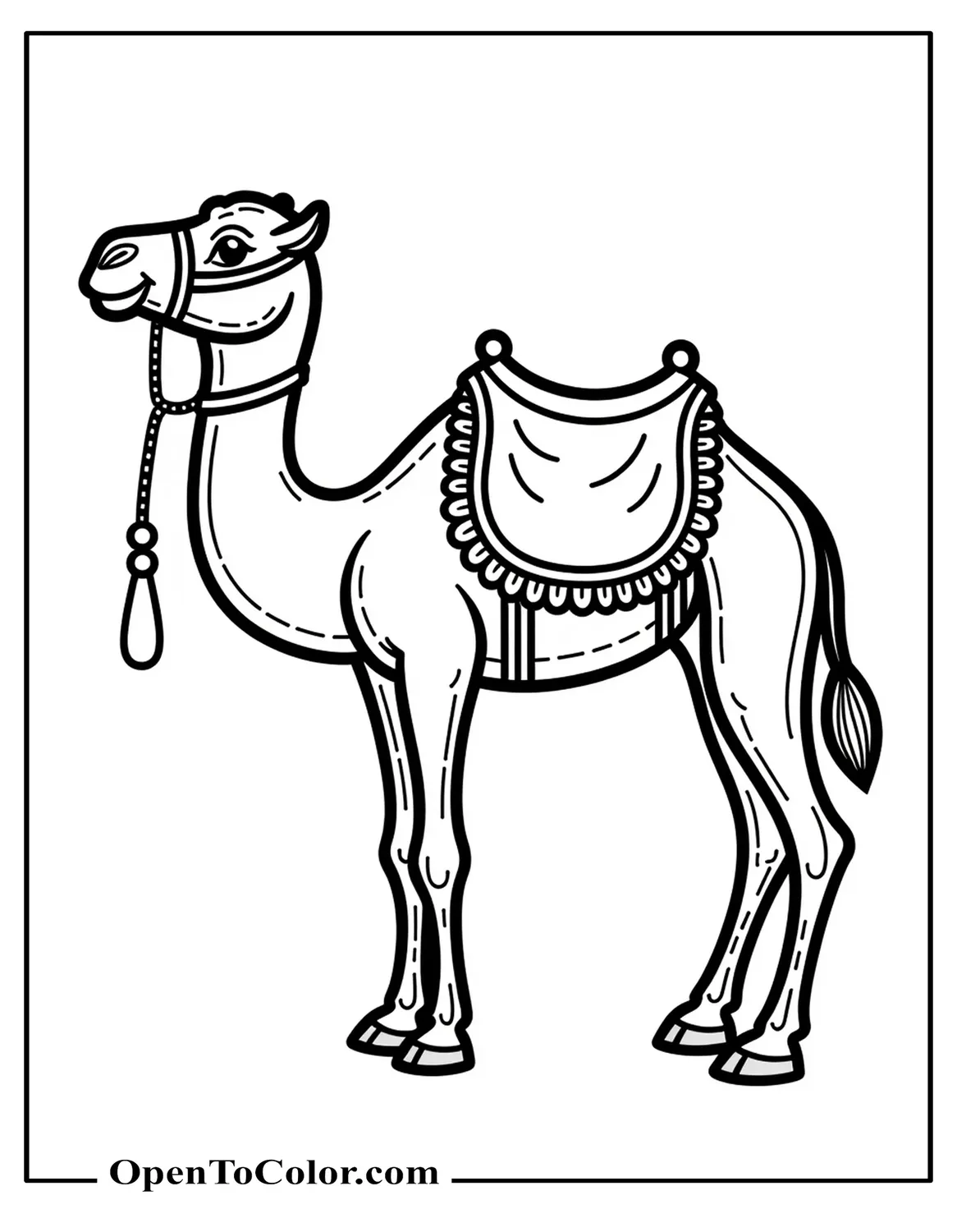 Realistic Camel in Profile with Saddle Blanket and Rope Lead Coloring Page Printable