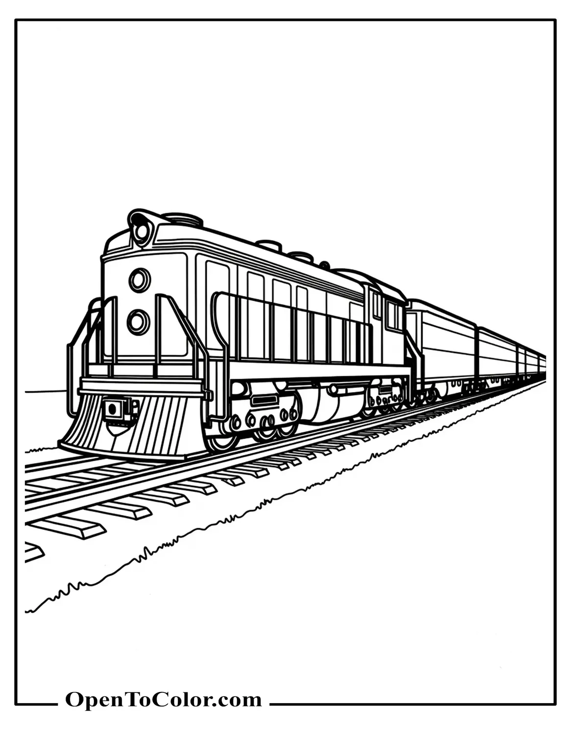Printable Coloring Sheet of Simple Side View Engine with Two Cars on Straight Track and Large Open Spaces