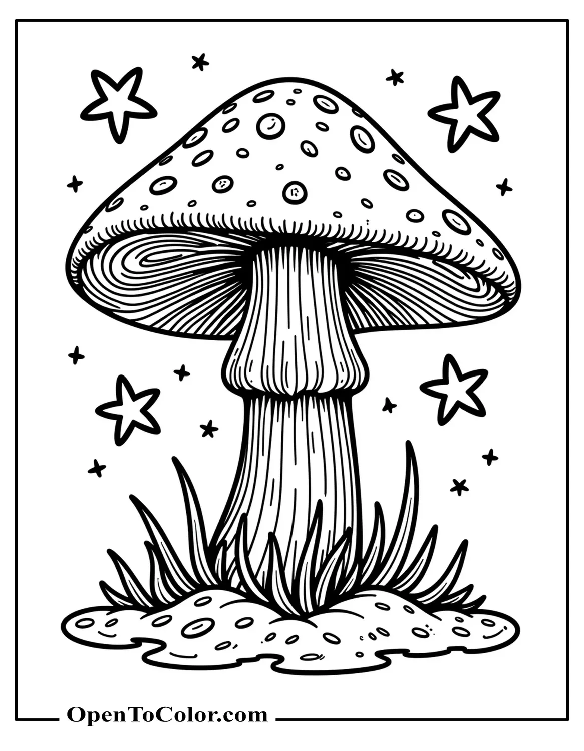 Psychedelic Mushroom Coloring Sheet With Drip Patterns, Swirling Rays, And Floating Stars PDF