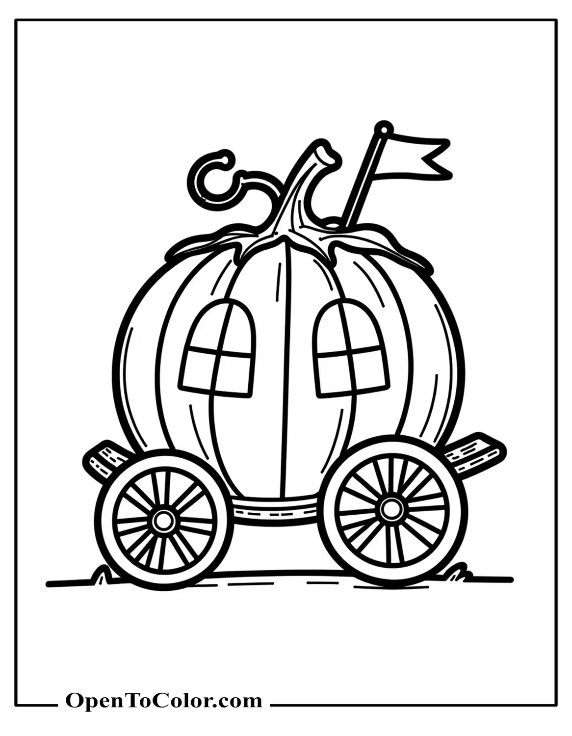 Pumpkin Carriage Coloring Page PDF With Windows And Wheels, Vine Roof And Tiny Flag
