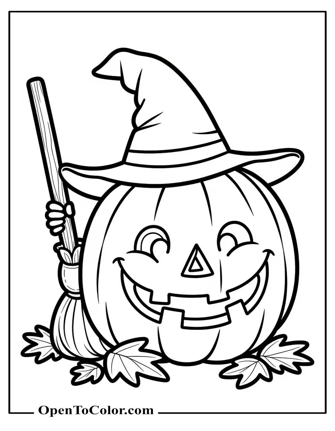 Large pumpkin wearing a witch hat, coloring page PDF, broom leaning against it, fallen leaves around