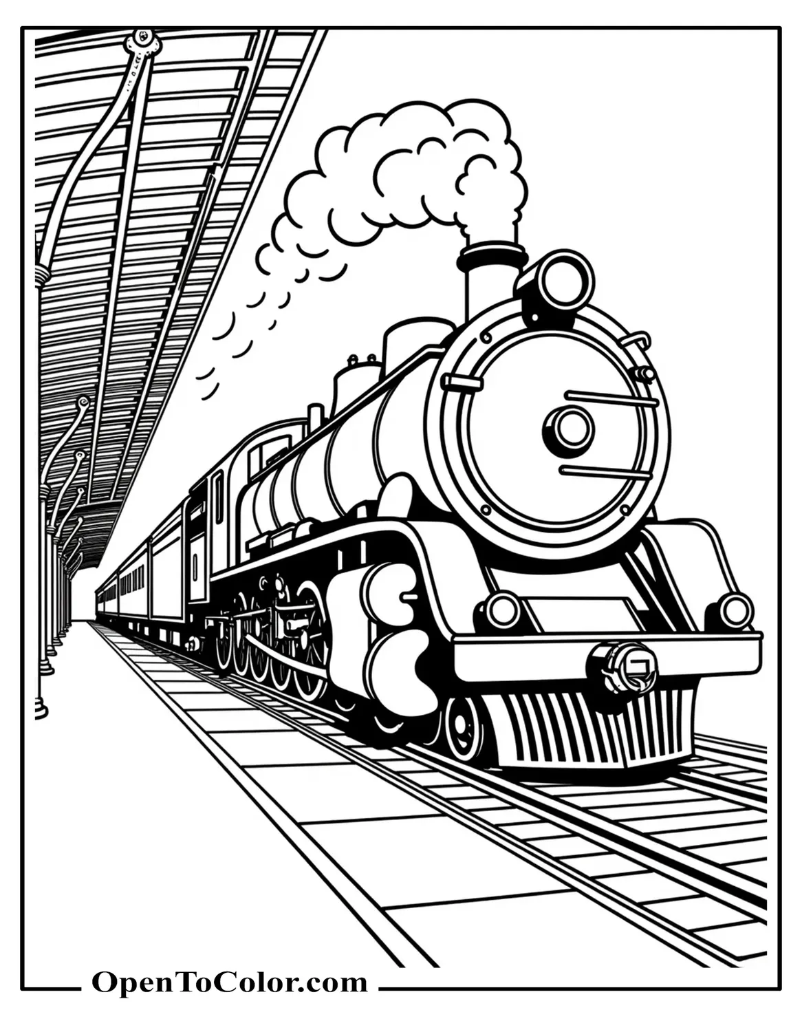 Realistic Heavy Steam Engine Entering A Station Under An Iron Canopy Coloring Sheet PDF