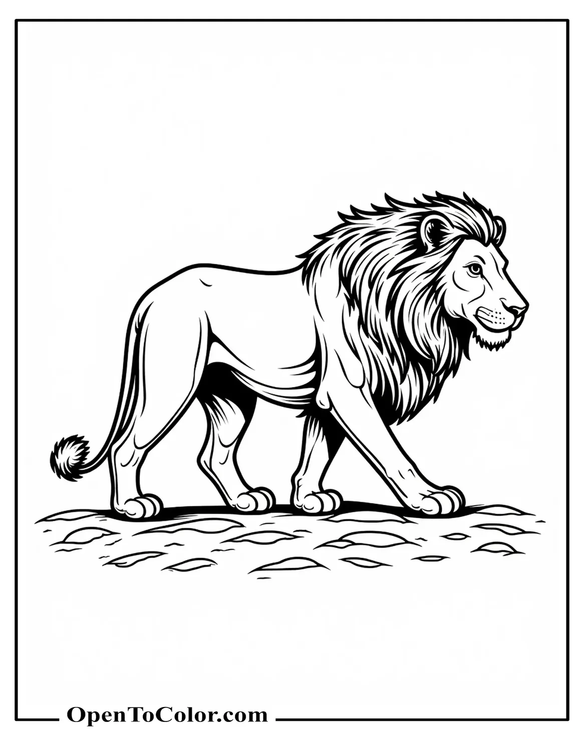 Realistic Lion Walking Profile With Detailed Mane and Rocky Ground Coloring Page Printable