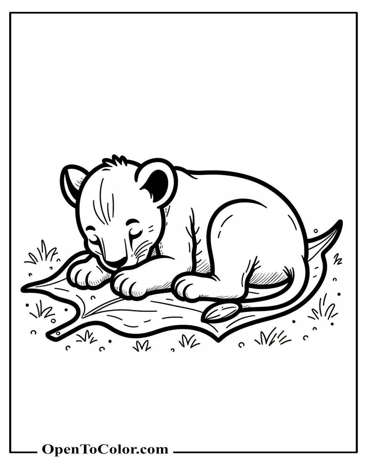Free Coloring Page of a Realistic Lion Cub Curled Up Sleeping on a Leaf Bed