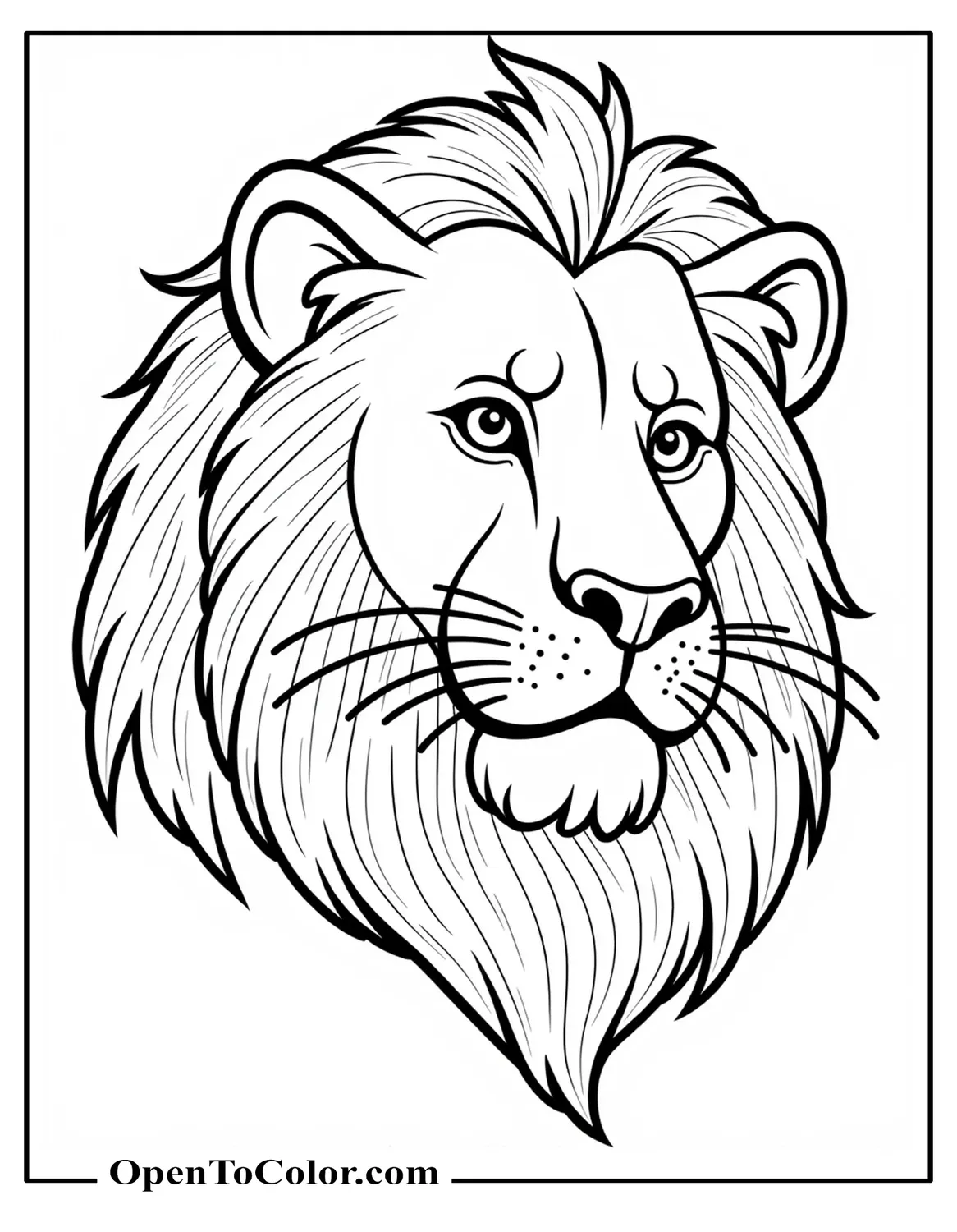 Realistic Lion Face Three-Quarter Angle With Detailed Whiskers, Printable Coloring Sheet