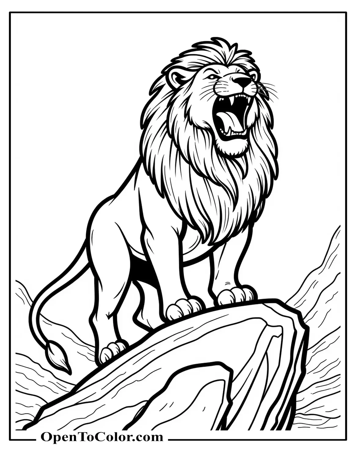 Realistic Lion Roaring On A Rock Coloring Sheet PDF Dust And Wind Lines Around