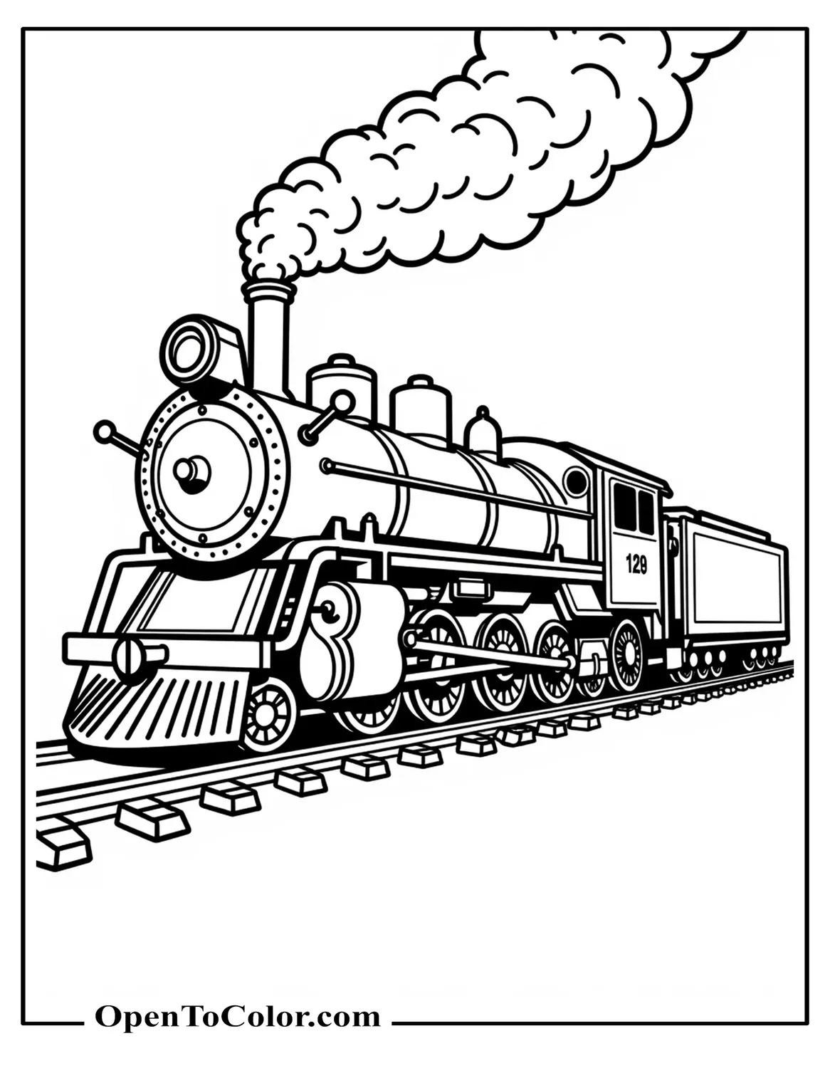 Steam Locomotive Rounding A Bend With Rivets, Rods, And Realistic Smoke Coloring Page PDF