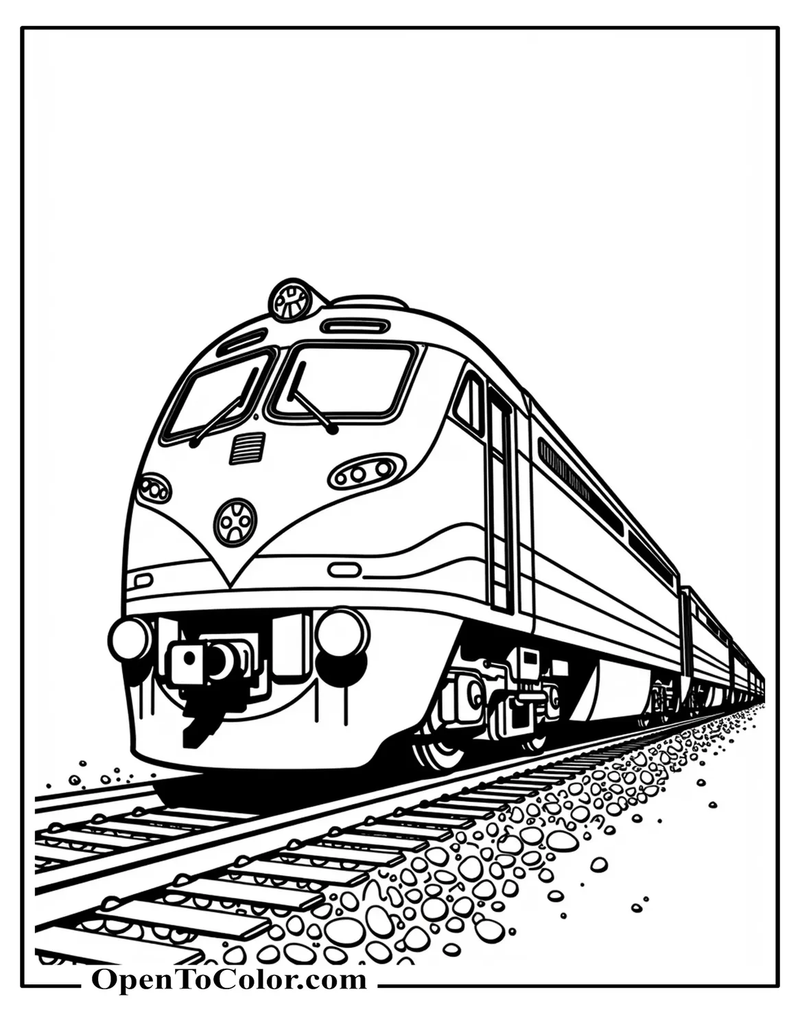 Free Coloring Sheet: Low Track-Level Perspective of a Modern Locomotive Approaching on Rails with Gravel Texture