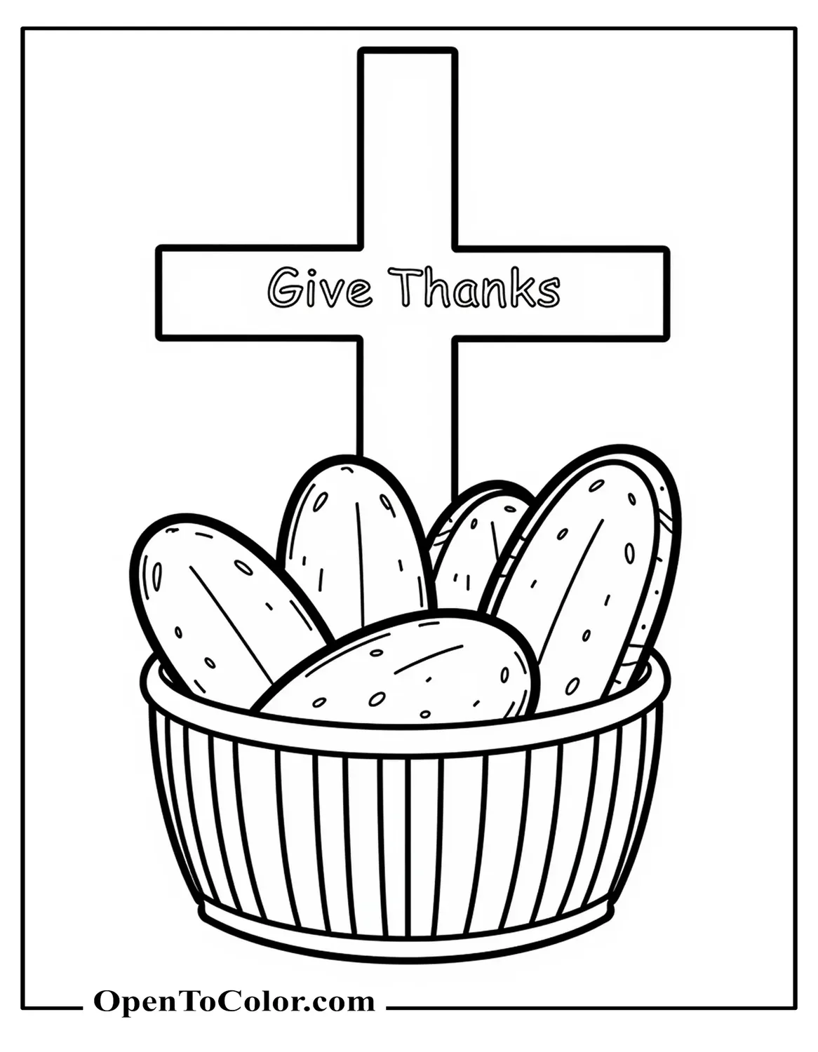 Free Children's Church Coloring Page with a Cross, Bread Basket, and Give Thanks Text