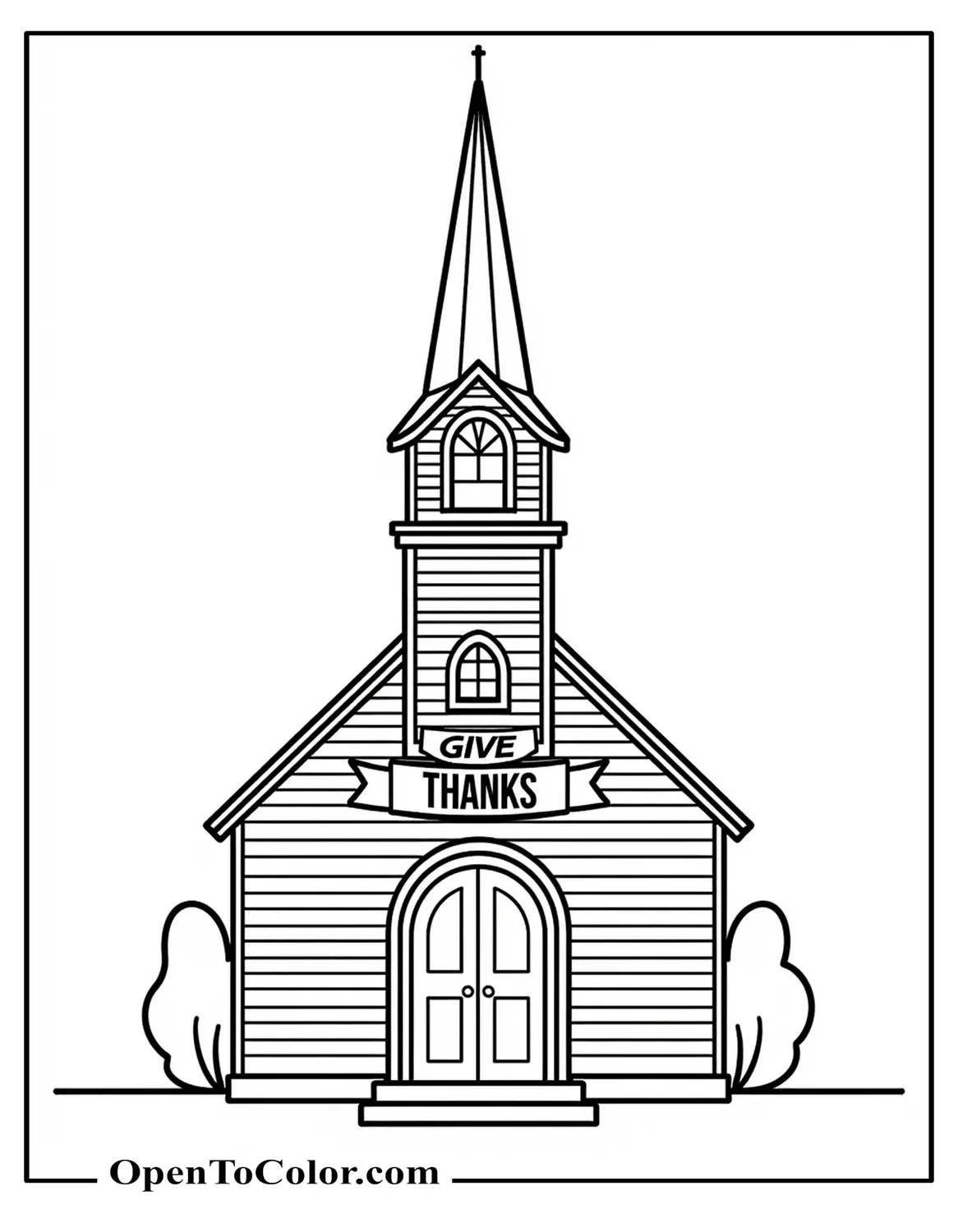 Free Coloring Sheet of a Church Building with a Tall Steeple and Give Thanks Banner