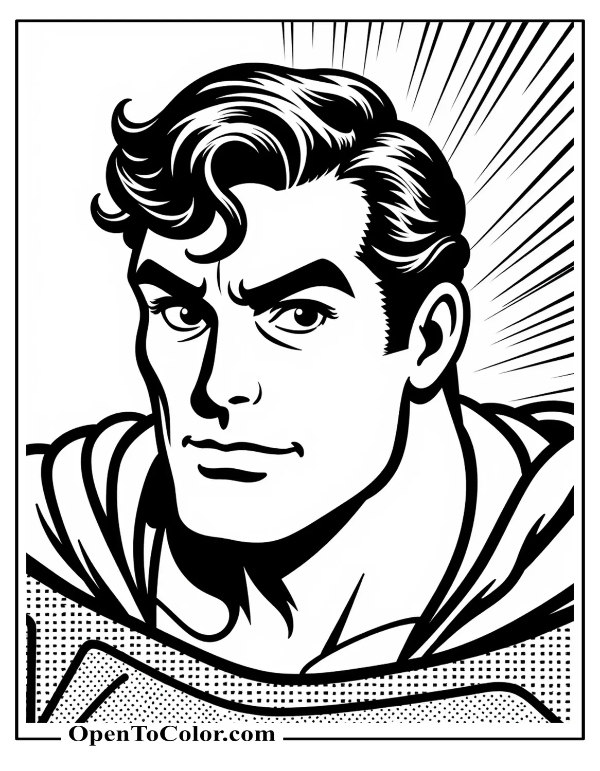 Free Coloring Sheet Of Retro Comic-Style Close-Up Of Superman With Bold Speed Lines And Vintage Panel Feel