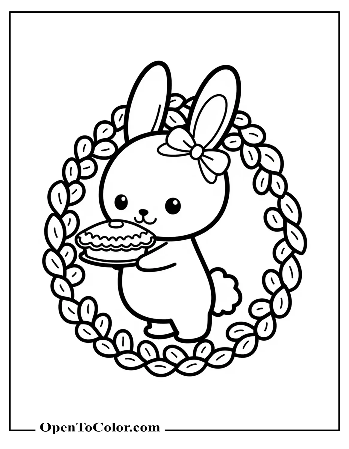 Sanrio Style Bunny Holding A Pie With A Bow On Ear And Leaf Border Coloring Page Printable
