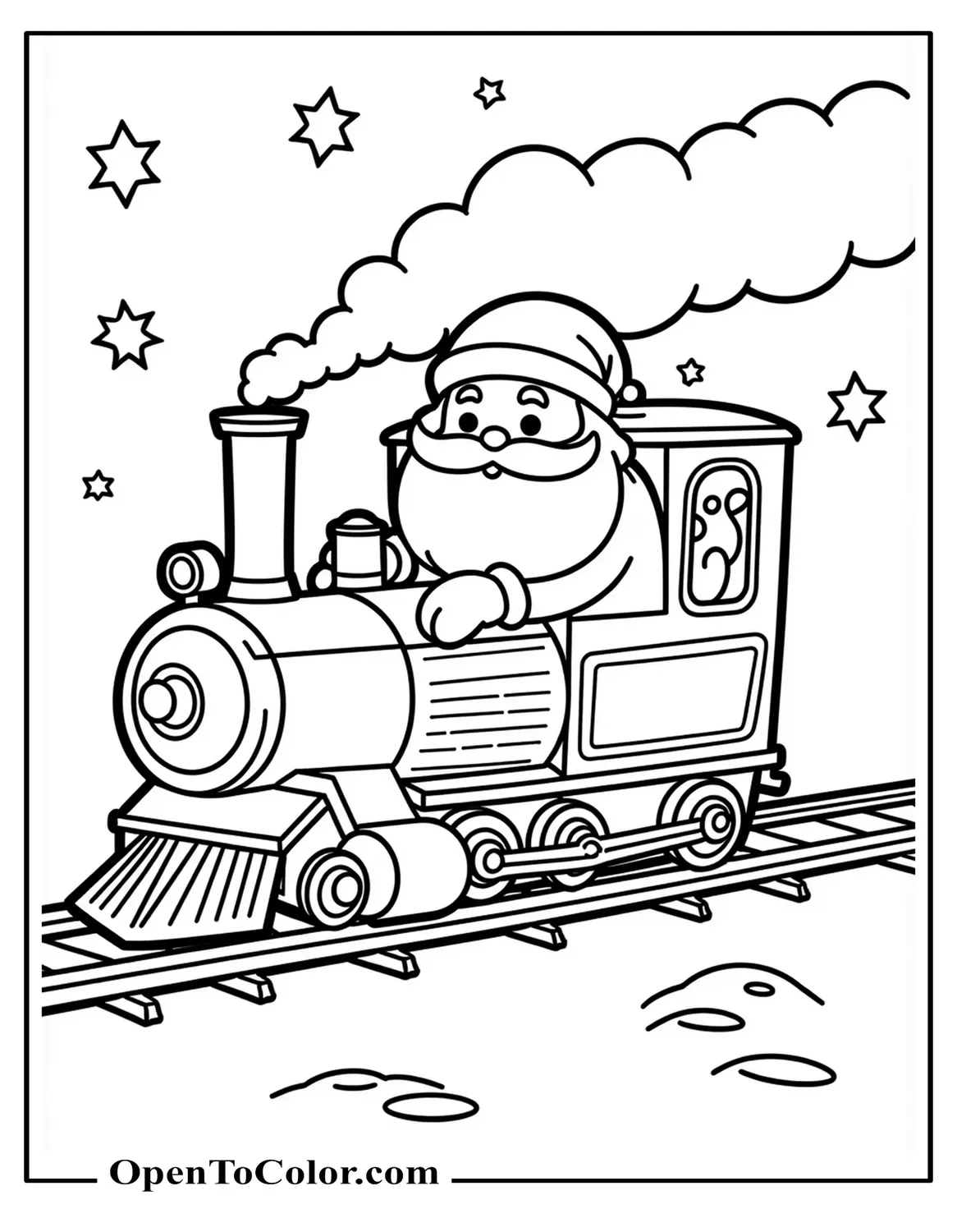 Santa Leaning From A Tiny Engine Cab With A Gift Car And Snowflakes Falling, Printable Coloring Page