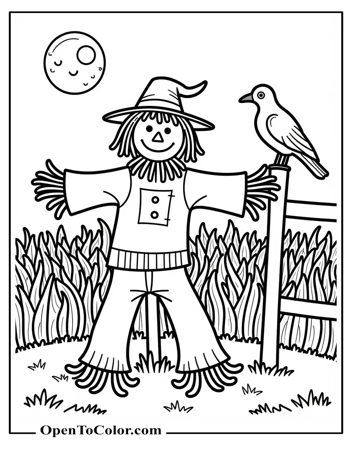 Free Coloring Page: Scarecrow with a Tattered Hat in a Cornfield, Crow Perched on a Fence Post, Full Moon