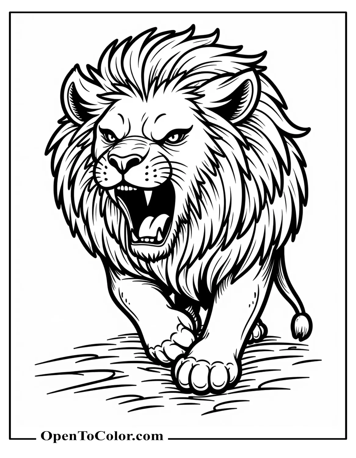 Printable Coloring Page of a Scary Lion Roaring With Jagged Shadows No Blood