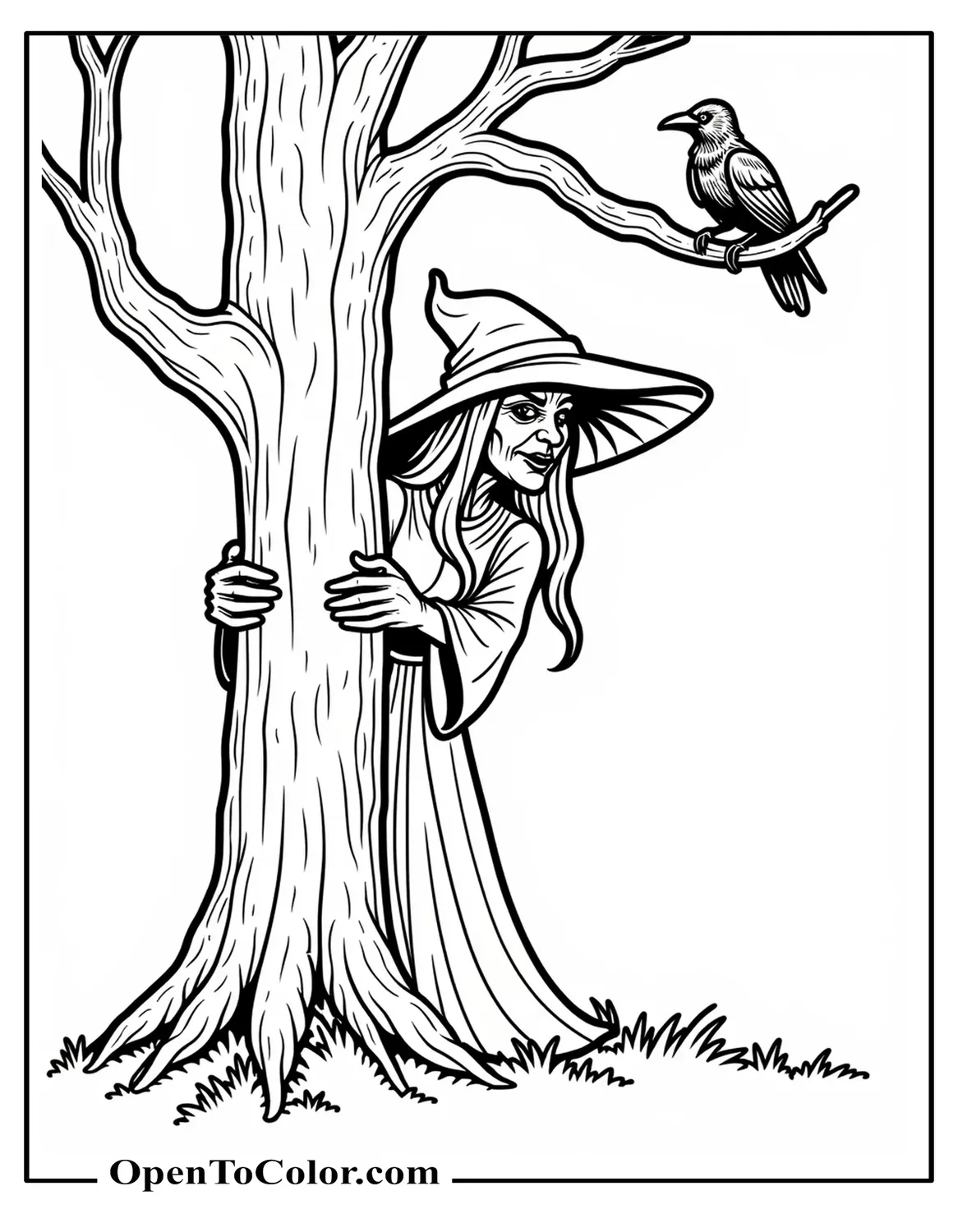 Scary old witch coloring page peeking from behind a crooked tree, a crow on a branch, thin mist at her feet, PDF.