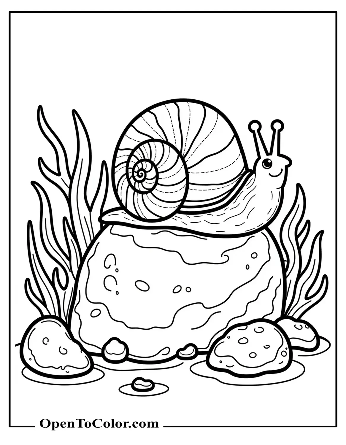 Free Coloring Sheet of a Sea Snail on a Tidepool Rock with Seaweed Fronds Waving