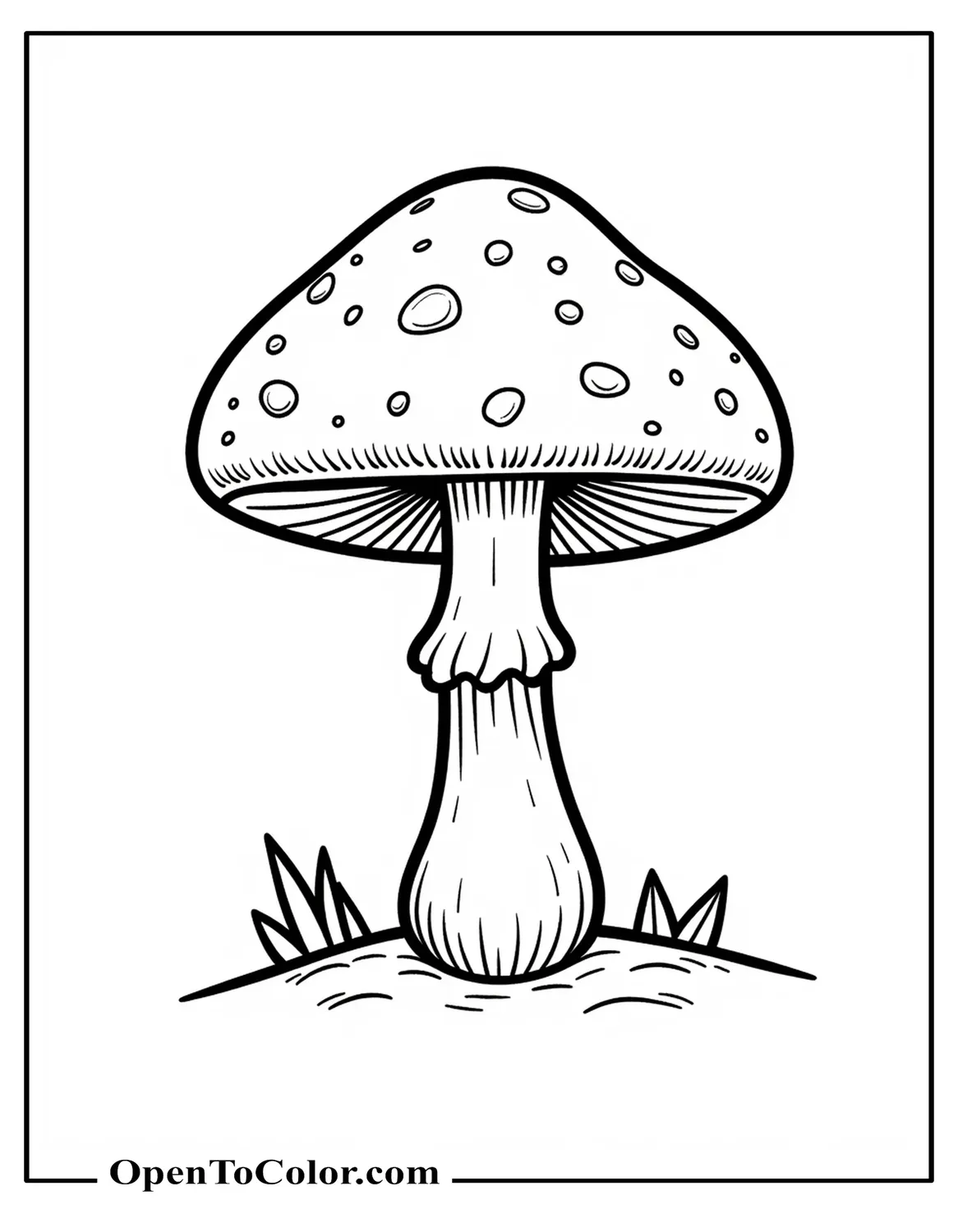 Free Coloring Page with Simple Mushroom Front View Clean Outline on Bare Ground