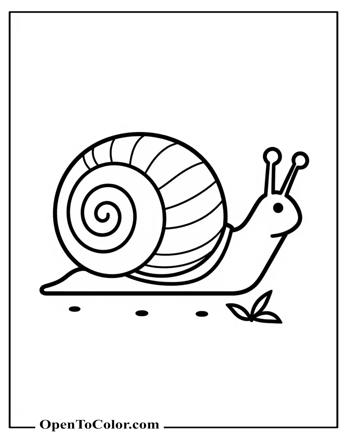 Printable Snail Side View Coloring Sheet With Clean Round Shapes And One Small Leaf On Ground