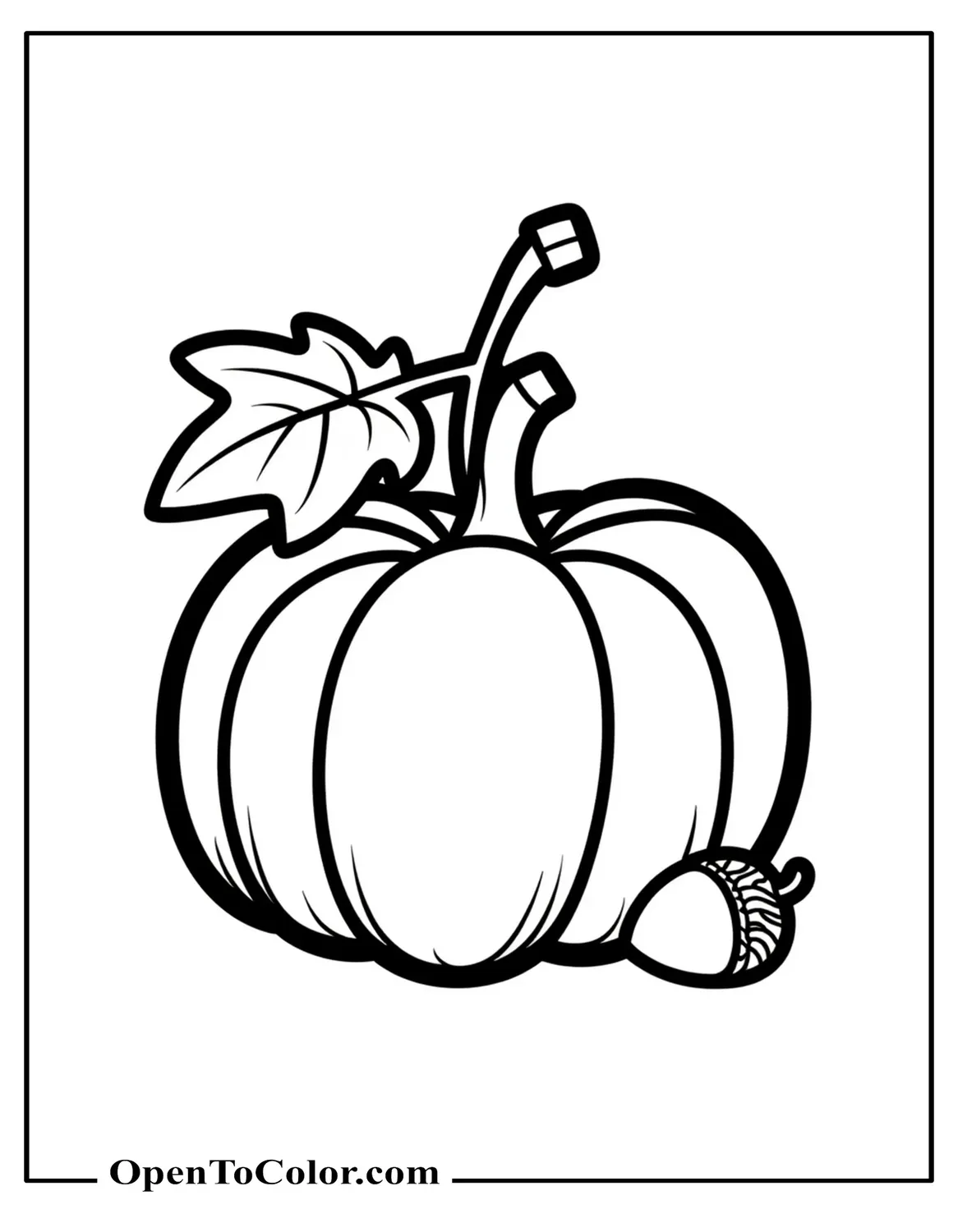 Free Coloring Sheet of a Simple Pumpkin with Leaf Vine and a Tiny Acorn
