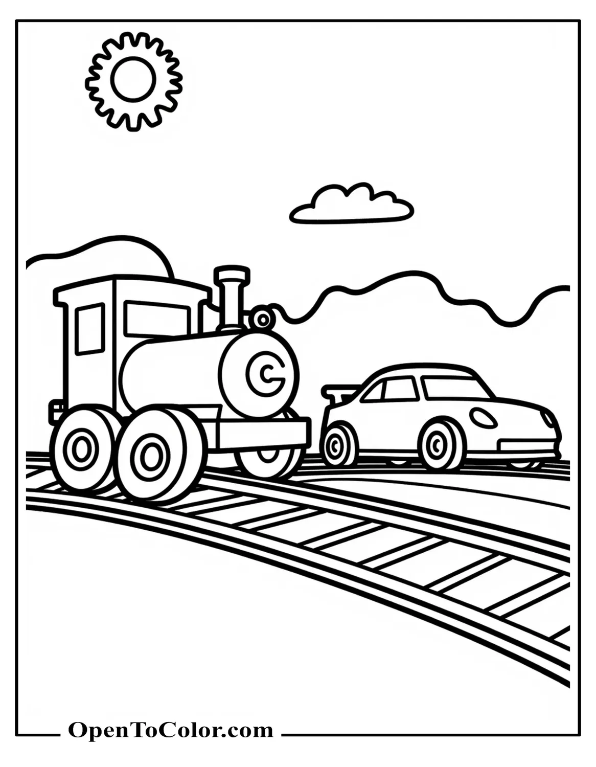 Blocky engine and one car, straight track, small cloud and sun outline, printable coloring sheet.