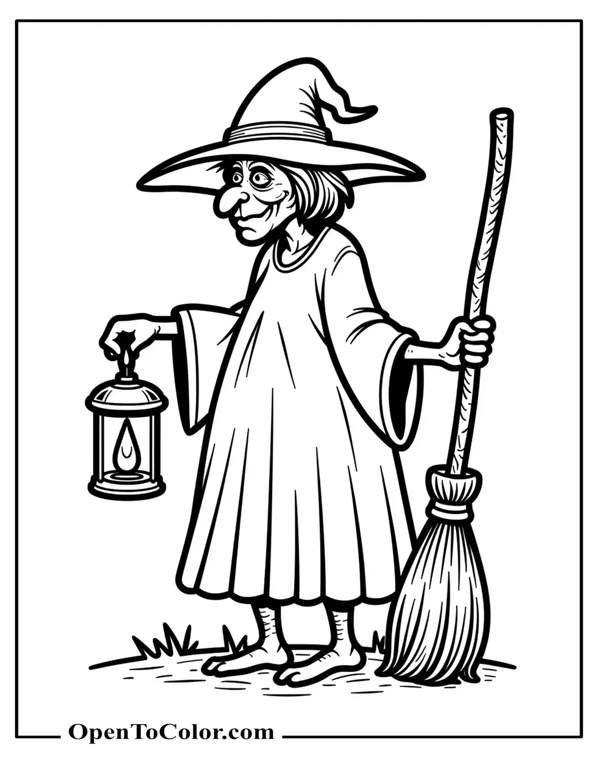 Old Ugly Witch Coloring Page Printable Standing in Profile Holding a Lantern and Broom Minimal Ground Line