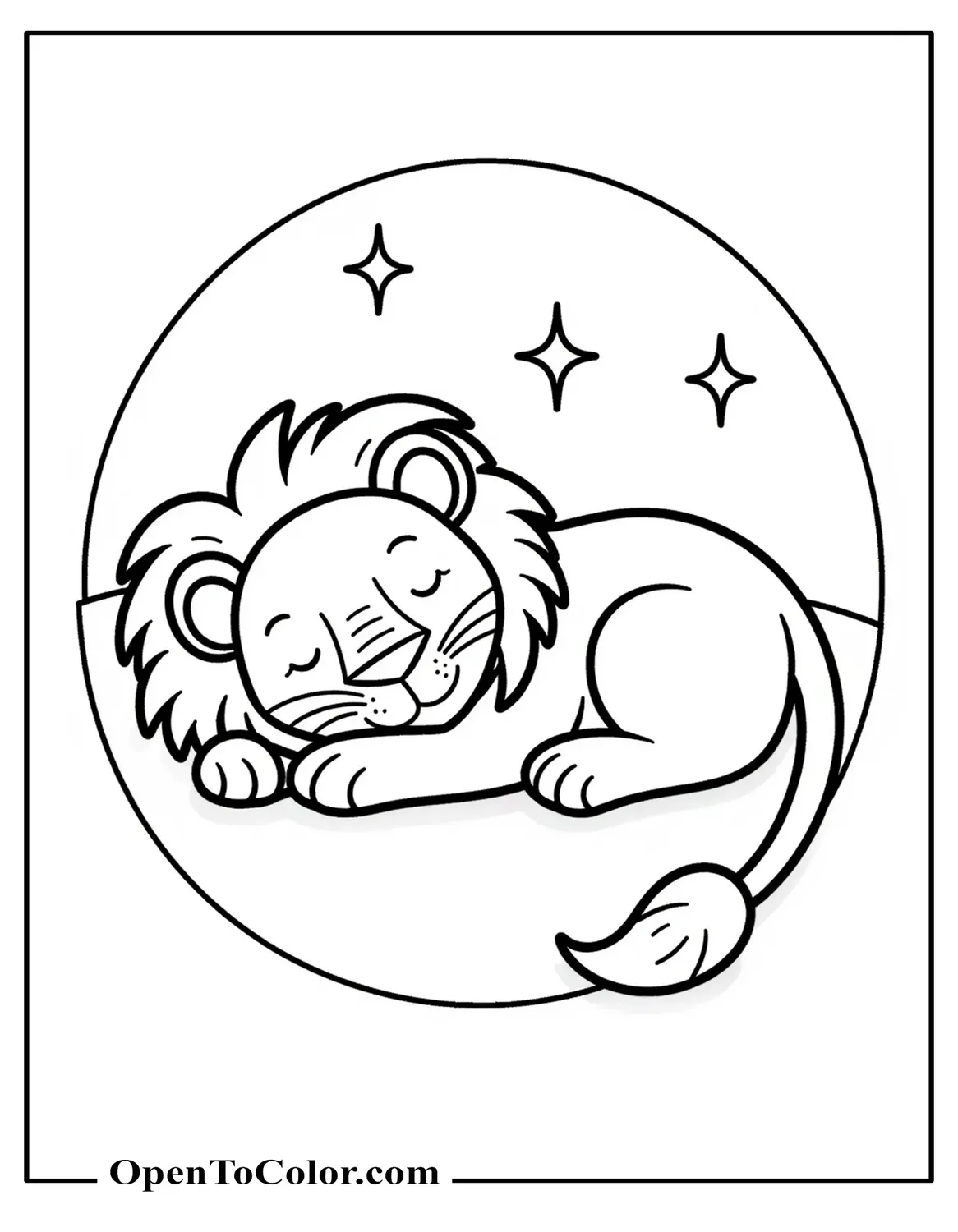 Printable Coloring Sheet of a Sleeping Lion Curled in a Circle, Tail Over Nose, Stars Above