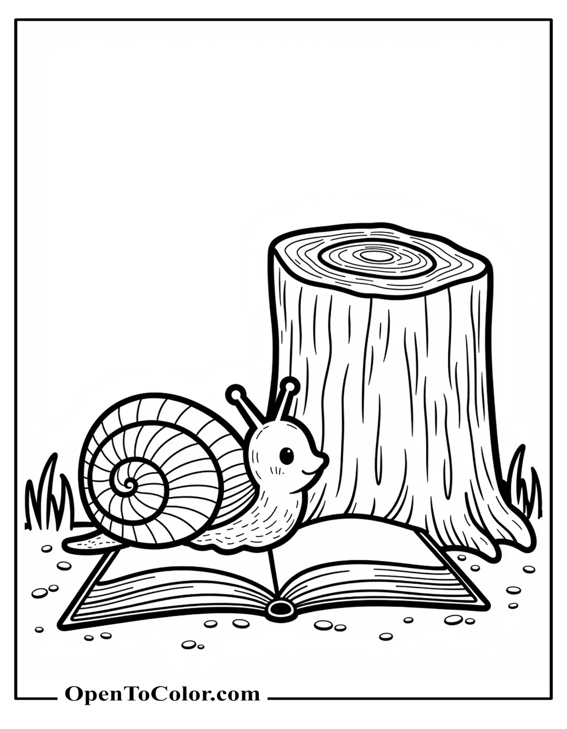 Printable Coloring Sheet of a Snail Reading an Open Book Beside a Tree Stump Storybook Style