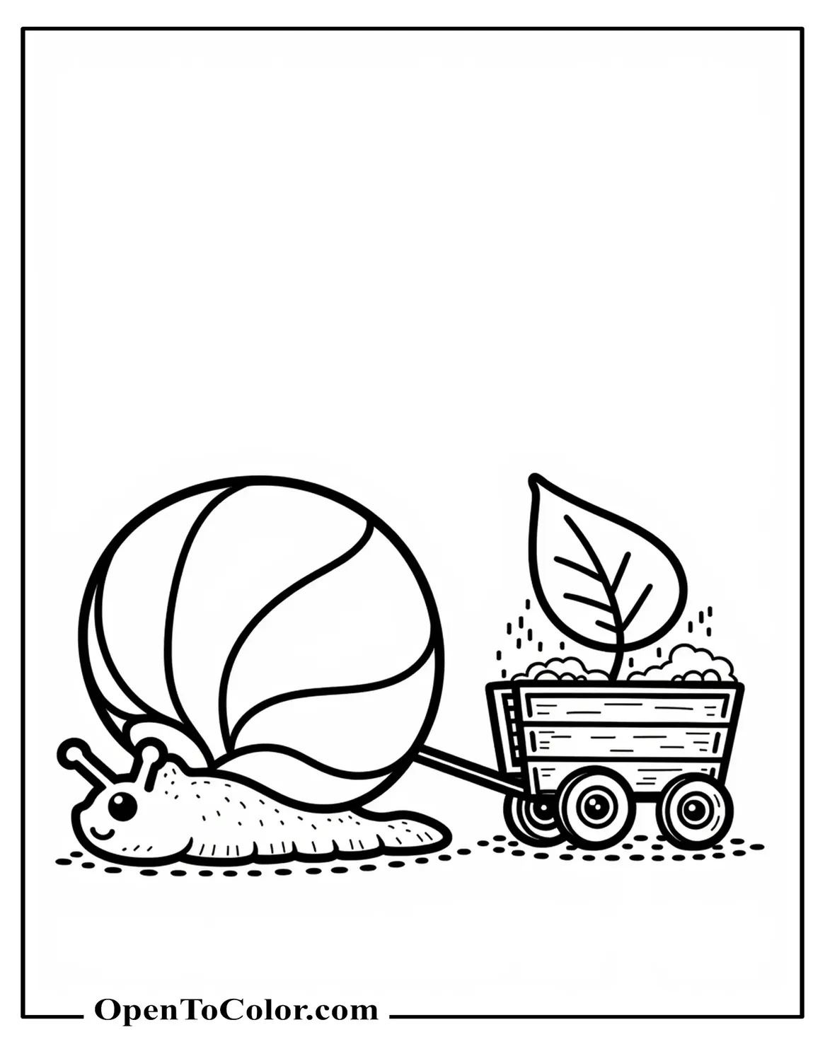 Funko Pop style snail pulling a tiny wagon with a leaf inside, printable coloring page.
